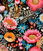Vibrant floral pattern with coral, orange, and blue flowers on a black background.