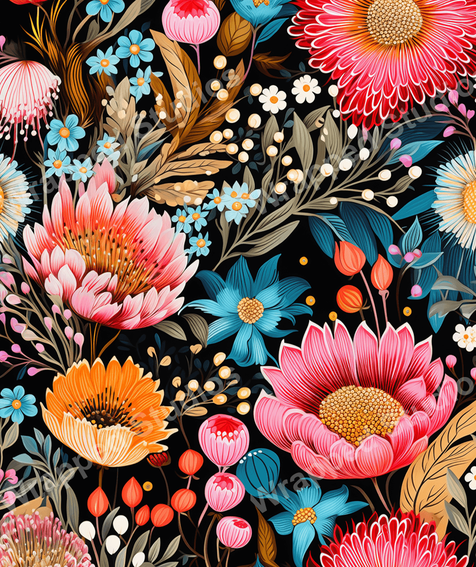 Vibrant floral pattern with coral, orange, and blue flowers on a black background.