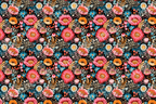 Bold floral pattern featuring pink, orange, and blue flowers on a black background.