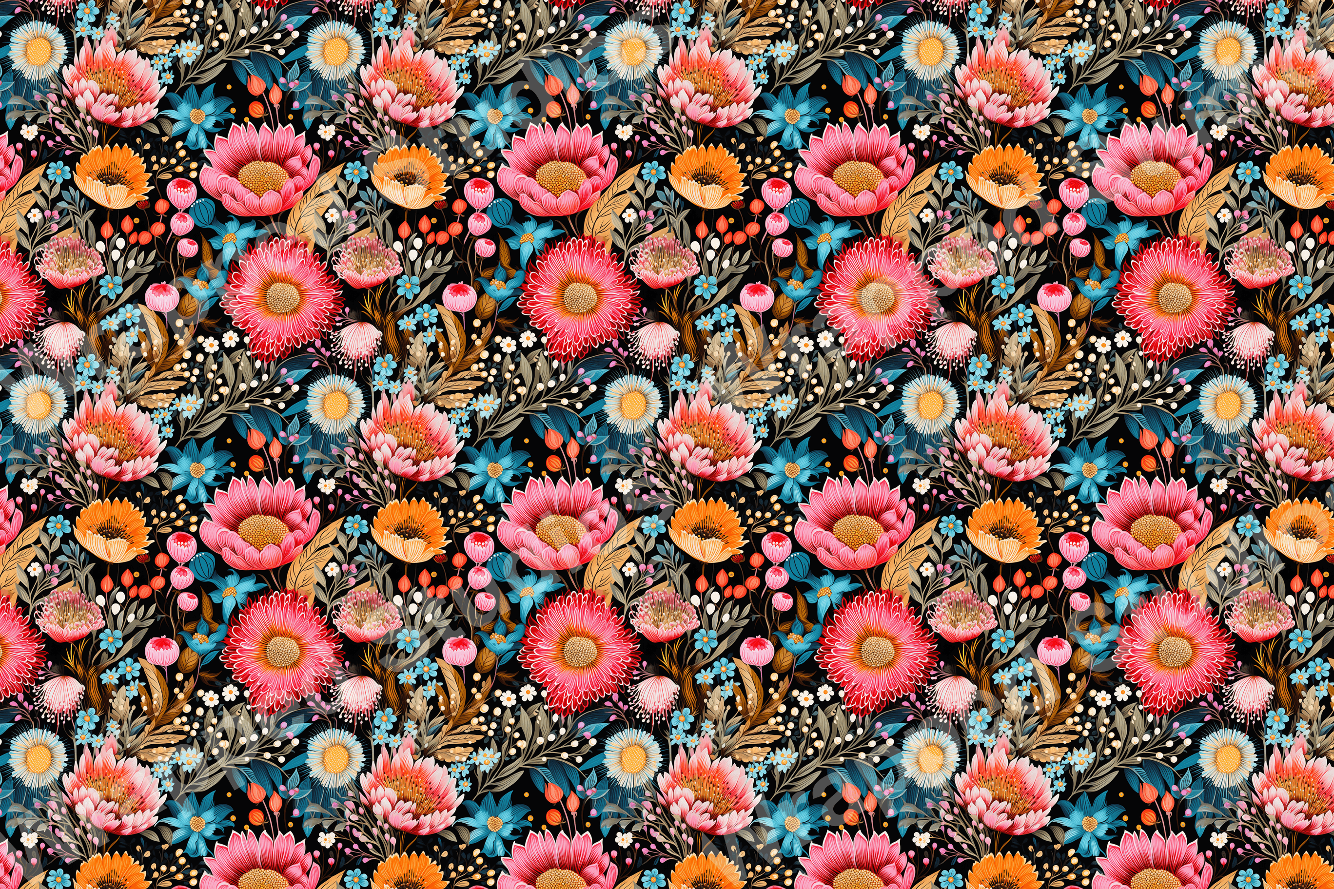 Bold floral pattern featuring pink, orange, and blue flowers on a black background.