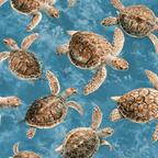 Seamless sea turtle pattern featuring realistic brown turtles swimming in textured blue ocean water.