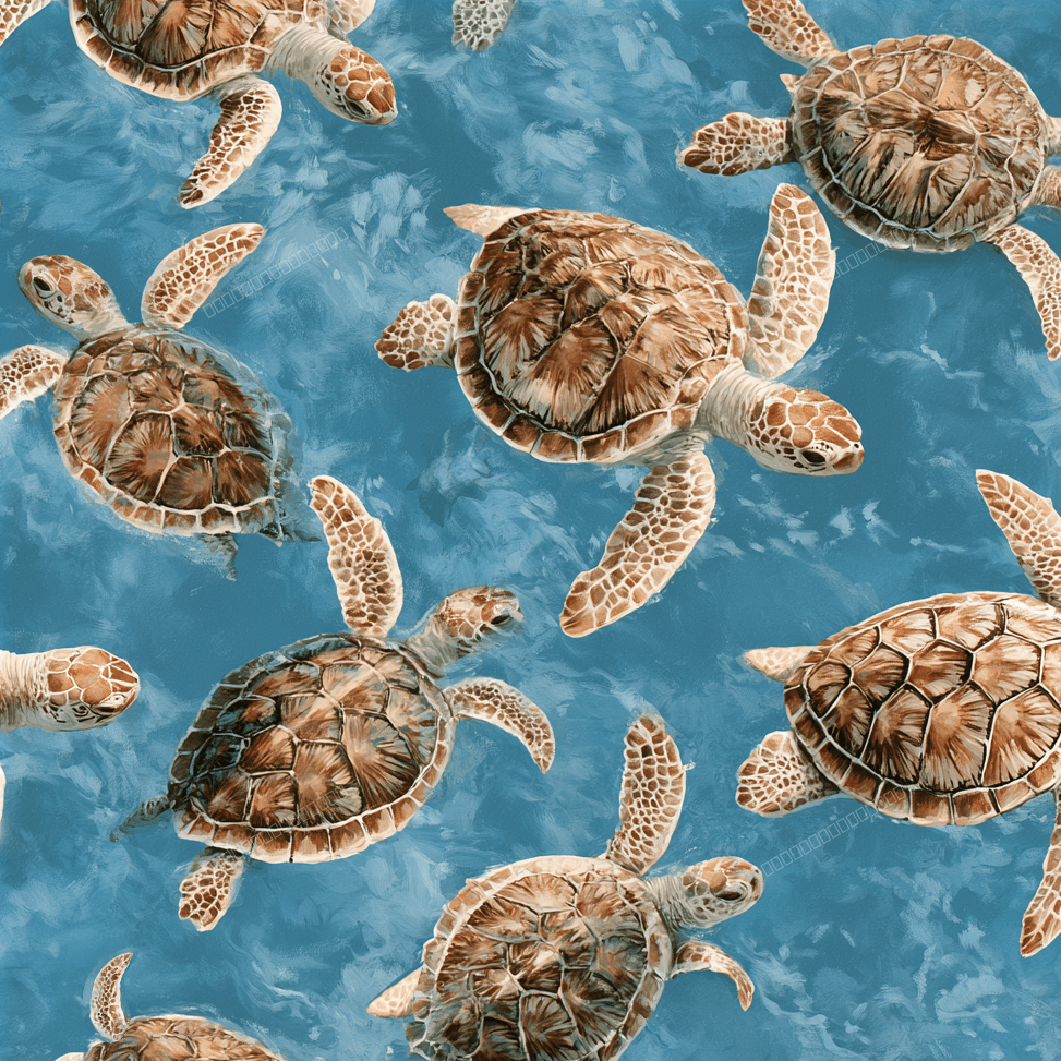 Seamless sea turtle pattern featuring realistic brown turtles swimming in textured blue ocean water.