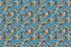 Seamless watercolor sea turtle pattern with brown turtles swimming in textured blue ocean water.