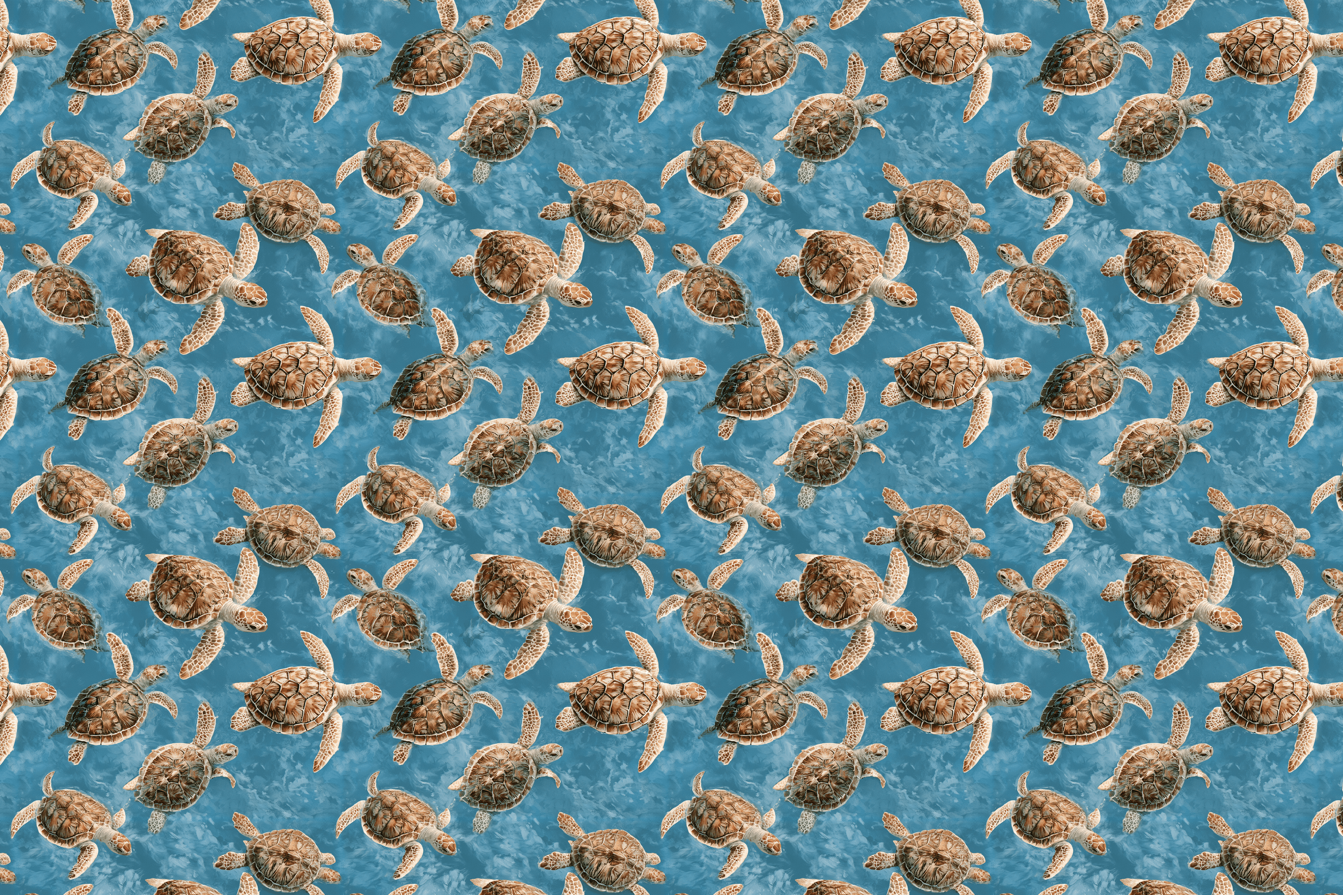 Seamless watercolor sea turtle pattern with brown turtles swimming in textured blue ocean water.