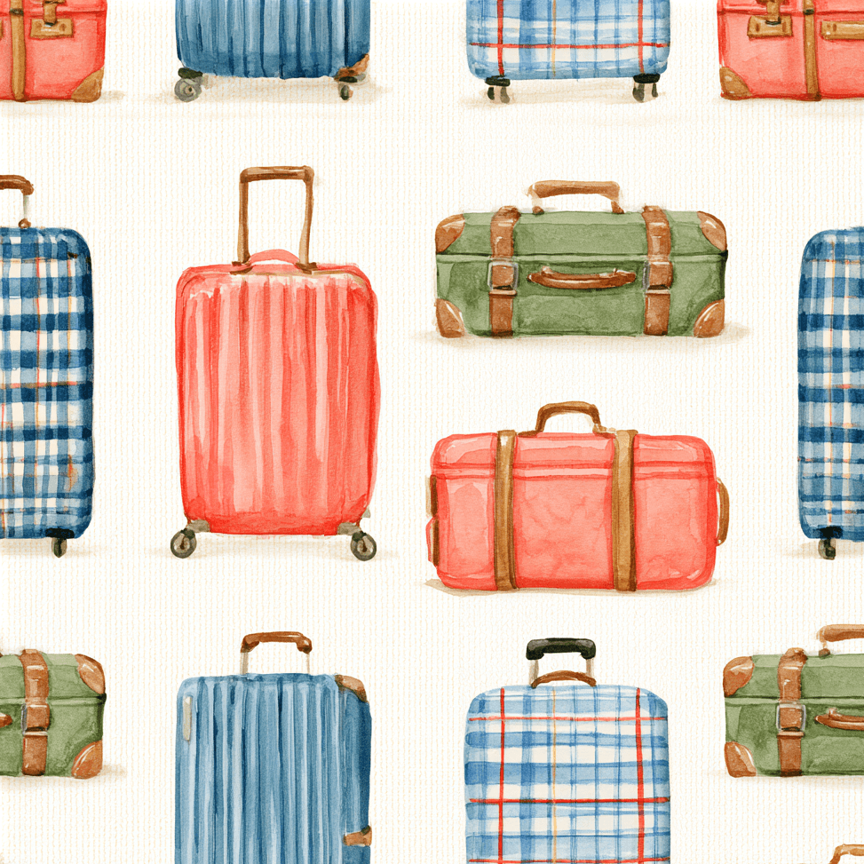 Seamless watercolor travel pattern featuring colorful vintage suitcases and retro luggage.