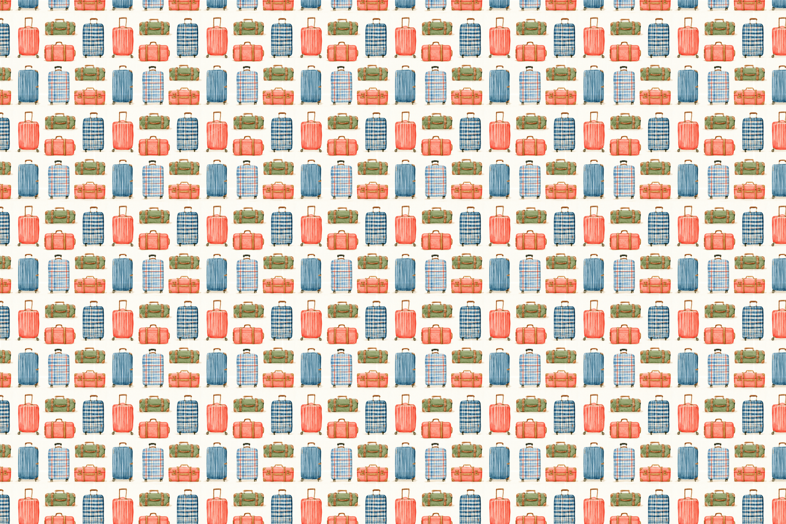 Seamless vintage travel pattern with watercolor suitcase illustrations in blue, coral, and sage green.