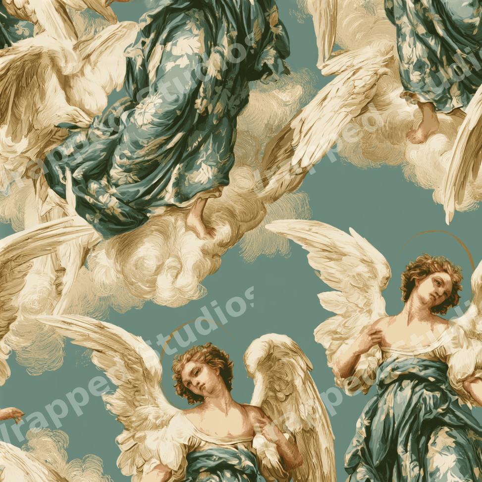 Vintage celestial angel pattern featuring classical Renaissance cherubs and cream clouds on a teal background.
