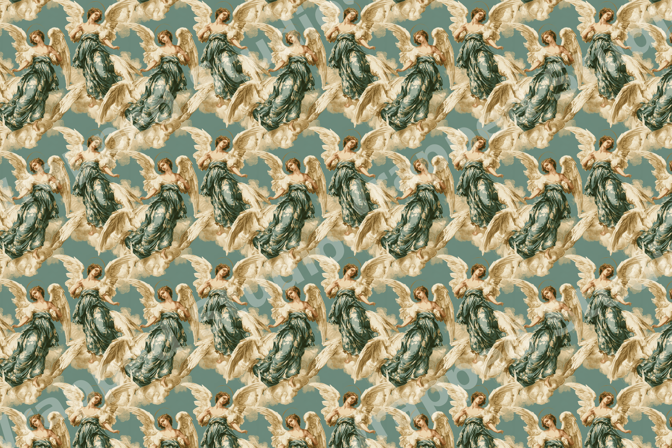Vintage Renaissance angel pattern featuring golden-winged cherubs on a muted sage green background.