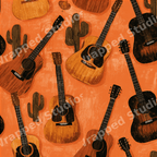 Rustic country music pattern with vintage acoustic guitars and cacti on a textured orange background.