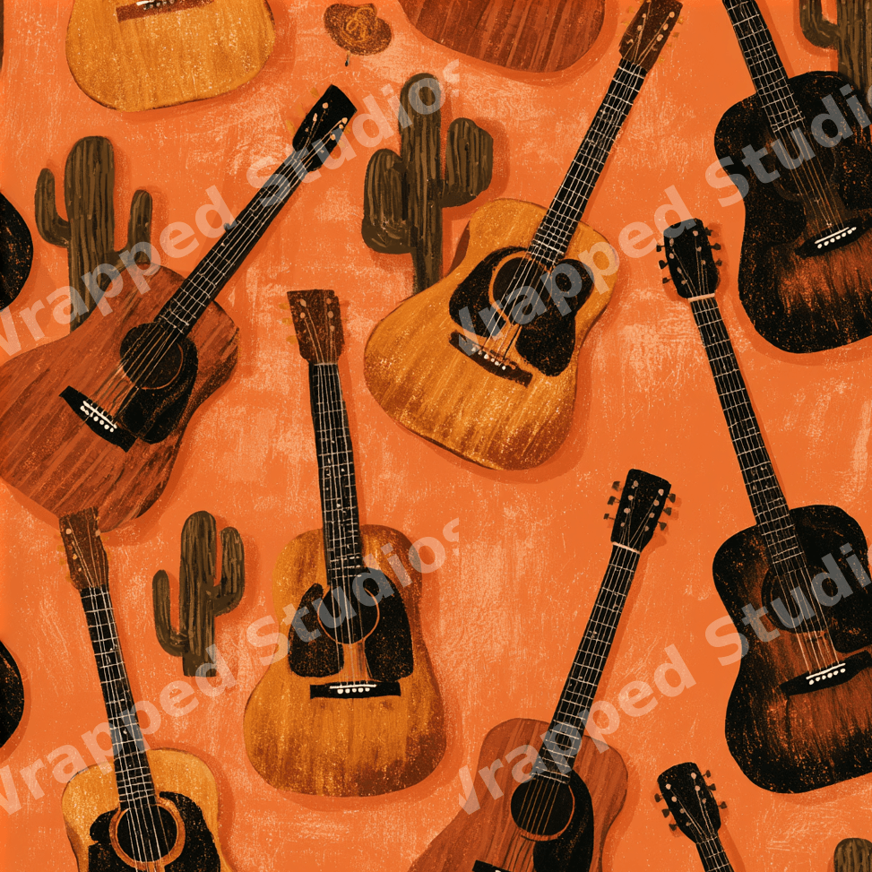 Rustic country music pattern with vintage acoustic guitars and cacti on a textured orange background.
