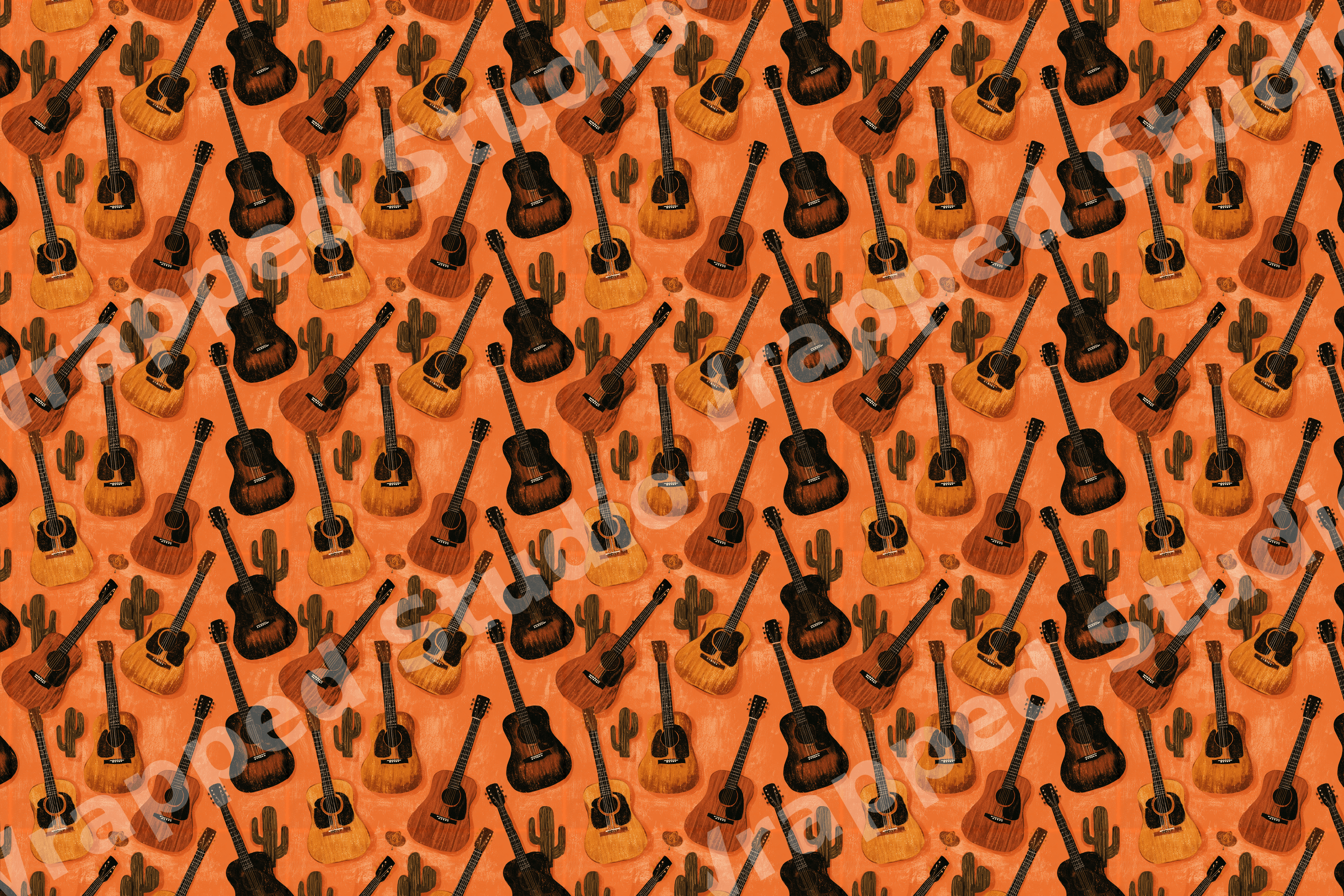 Southwestern acoustic guitar pattern with desert cacti on a warm terracotta orange background.