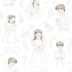 Elegant First Communion seamless pattern with delicate sketches of praying boys, girls, crosses, and florals.