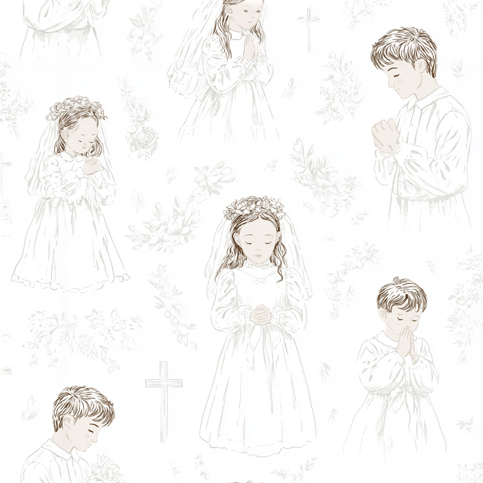Elegant First Communion seamless pattern with delicate sketches of praying boys, girls, crosses, and florals.