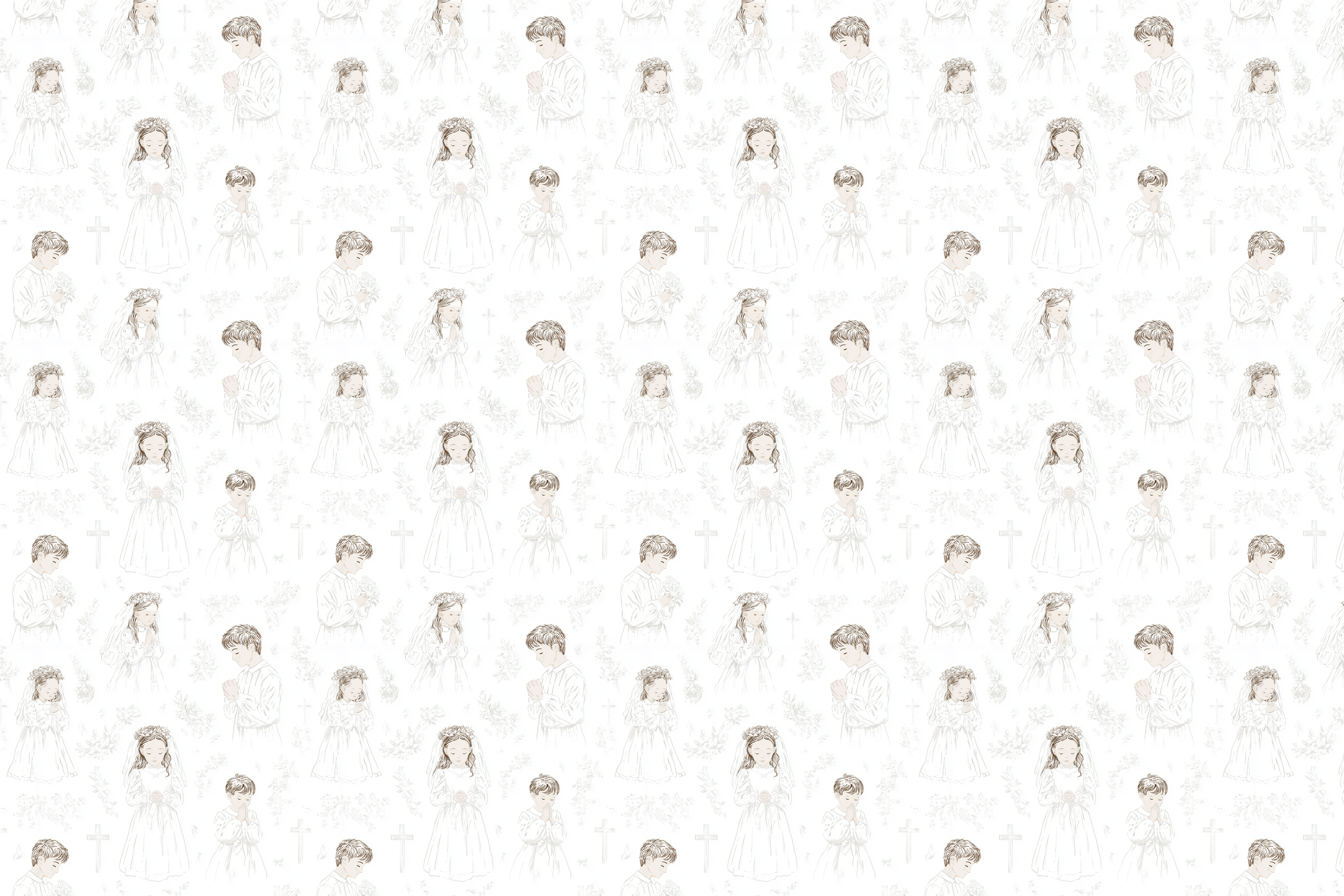 Elegant First Communion pattern with vintage sepia sketches of praying children and crosses.