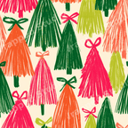 Colorful hand-drawn Christmas tree pattern with vibrant pink, green, and orange trees.