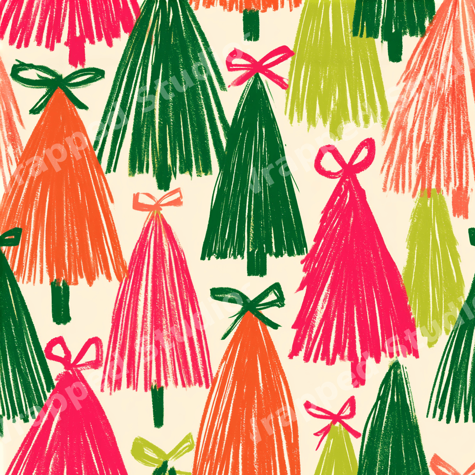 Colorful hand-drawn Christmas tree pattern with vibrant pink, green, and orange trees.