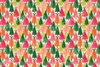 Modern Christmas tree pattern featuring colorful hand-drawn holiday trees in pink, orange, and green.