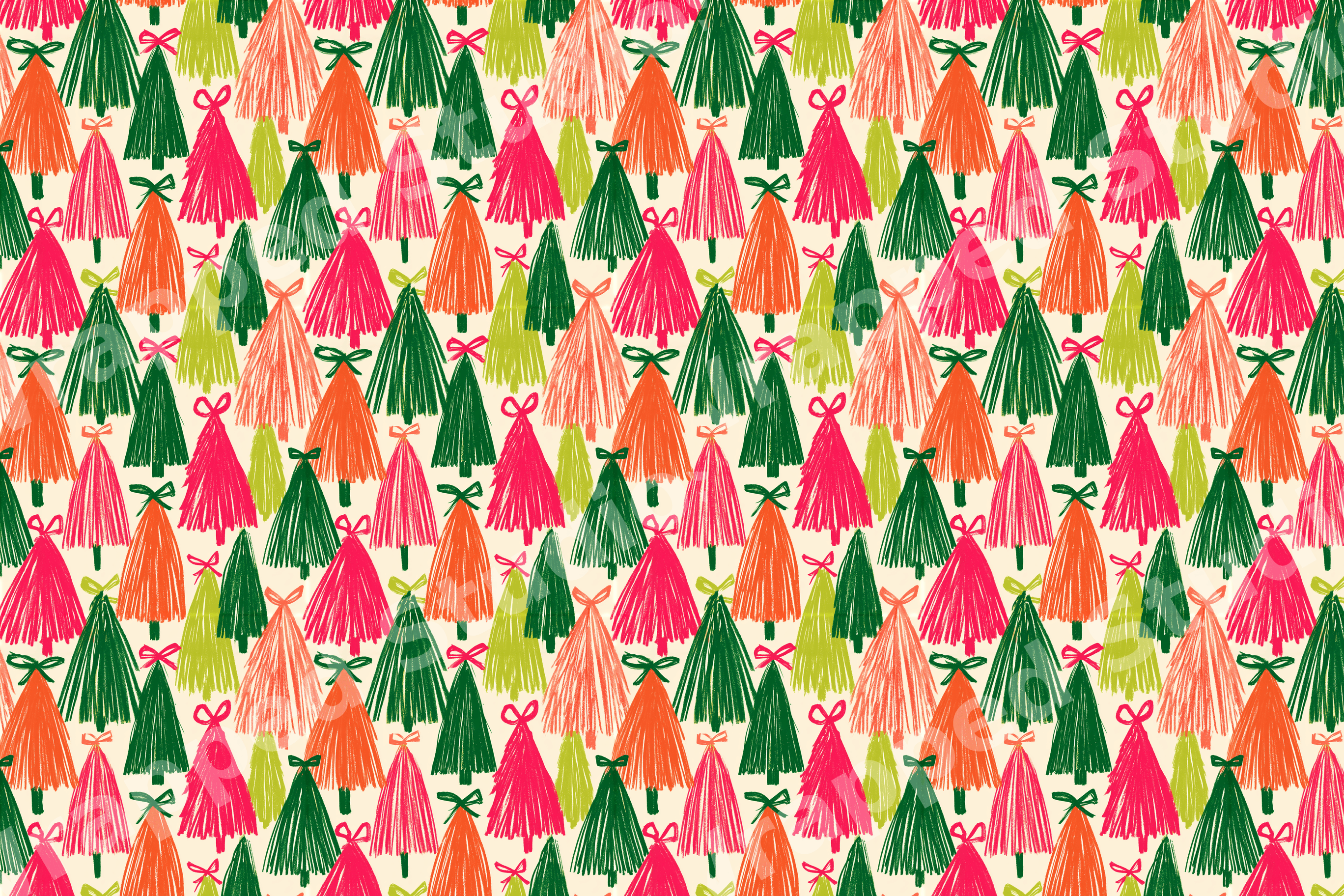 Modern Christmas tree pattern featuring colorful hand-drawn holiday trees in pink, orange, and green.