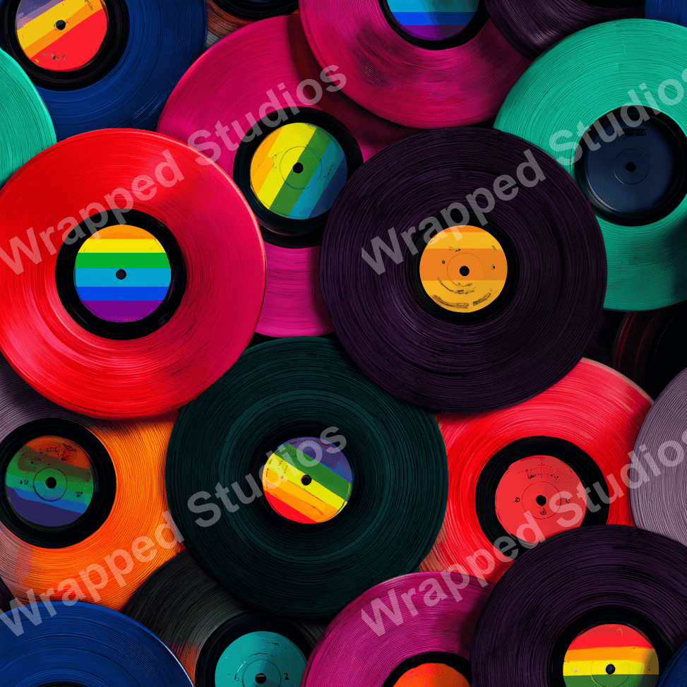 A vibrant, playful pattern of colorful vintage vinyl records with rainbow labels.