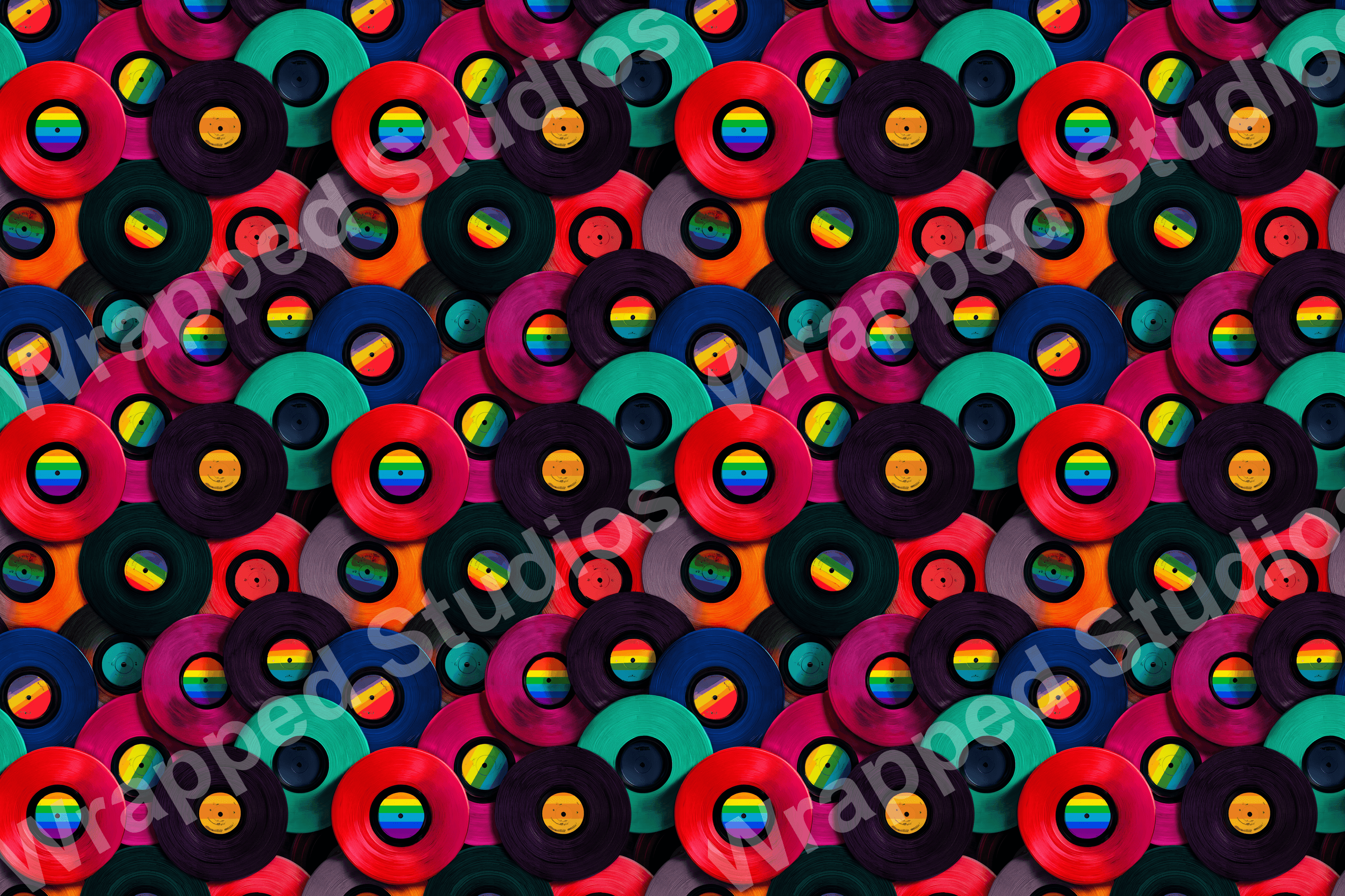 A playful, colorful pattern of overlapping vinyl records with rainbow centers, creating a vibrant retro aesthetic.