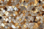 Modern geometric pattern with gold, silver, and clear crystalline shapes arranged in horizontal bands.