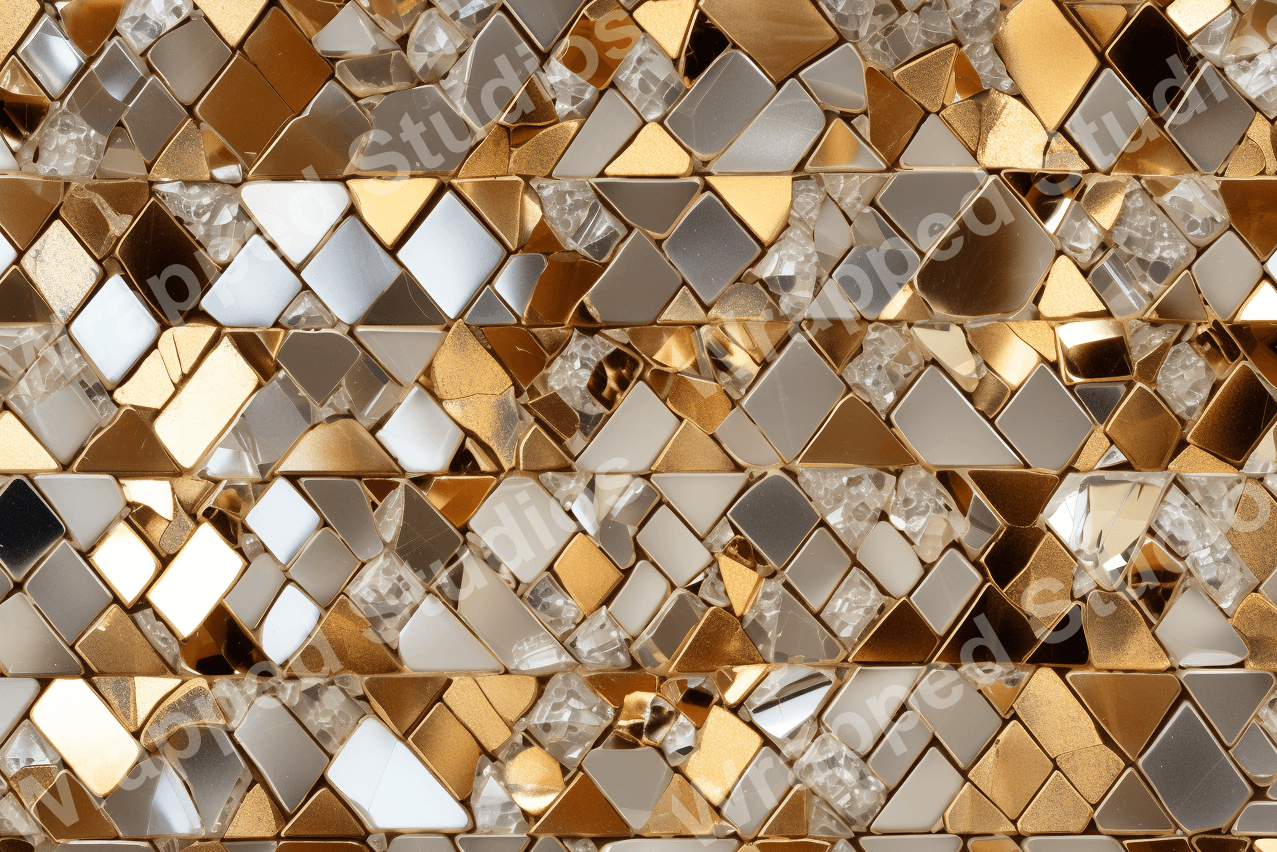 Modern geometric pattern with gold, silver, and clear crystalline shapes arranged in horizontal bands.