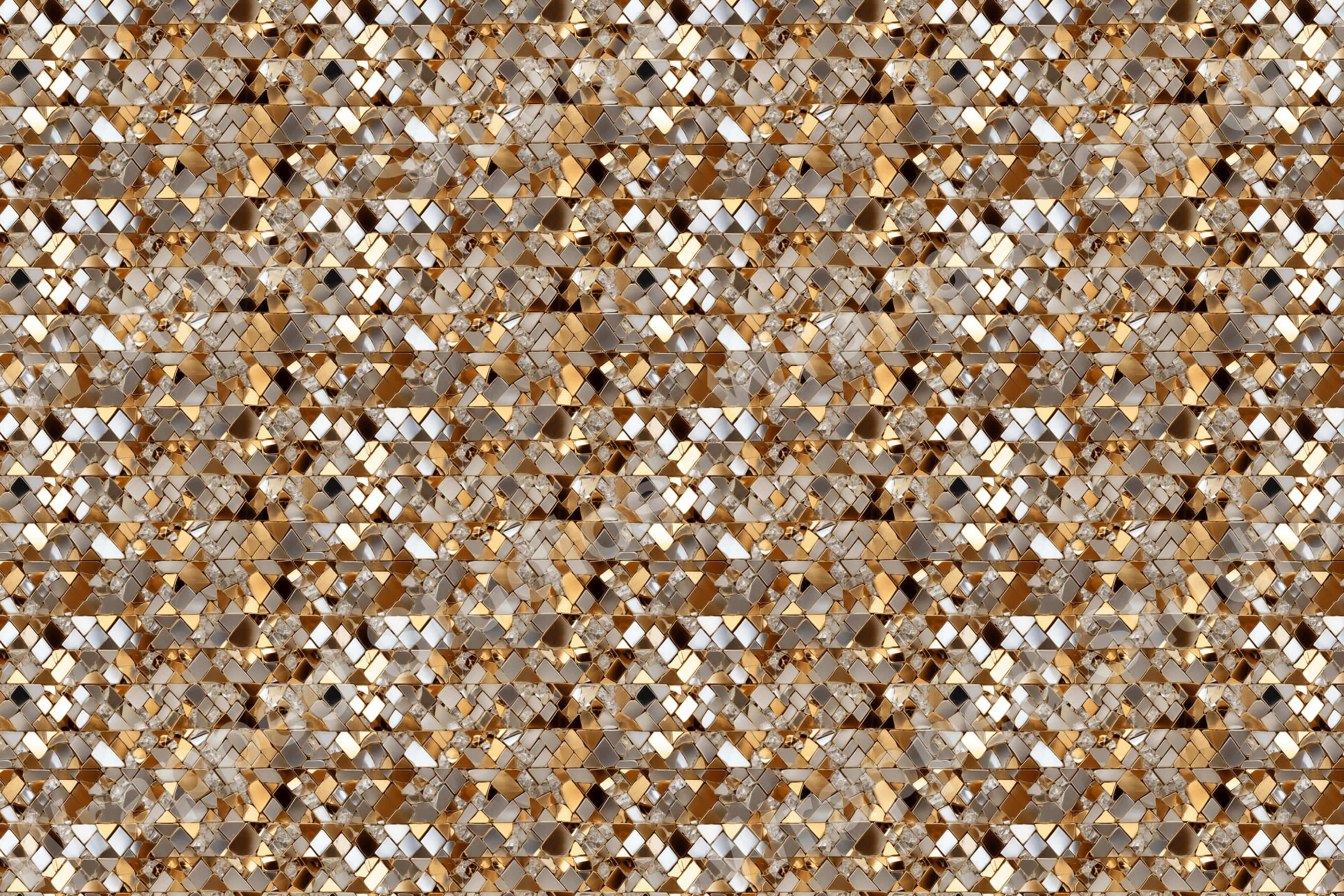 Modern geometric pattern with bronze, gold, and silver mosaic tile design.