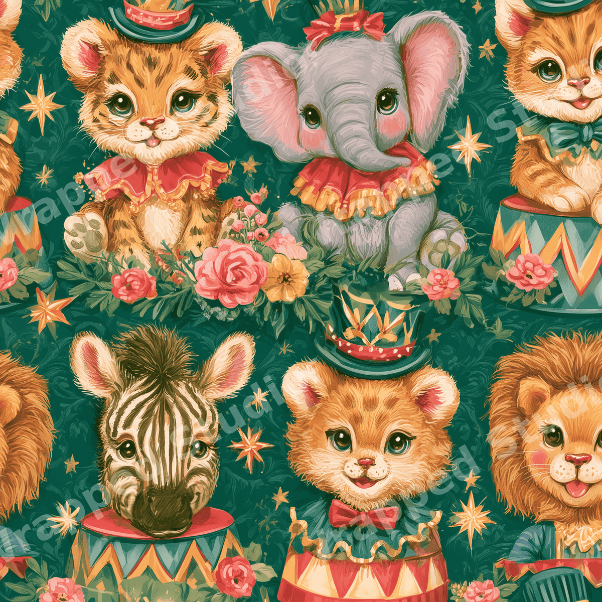 Vintage circus animal seamless pattern with cute baby lions, elephants, and zebras on dark green.