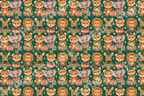 Vintage circus animal pattern featuring cute baby lions, elephants, and zebras on a dark green background.