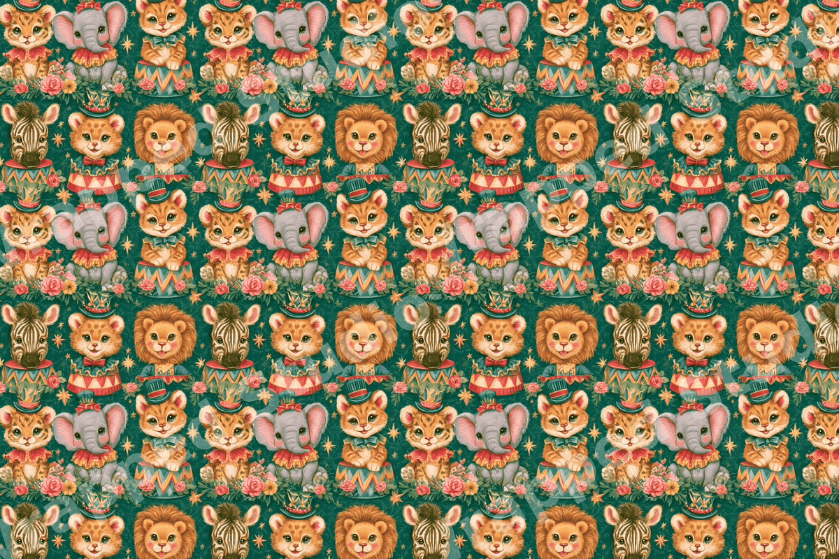 Vintage circus animal pattern featuring cute baby lions, elephants, and zebras on a dark green background.