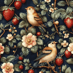 Elegant botanical pattern with vintage bird, strawberry, and floral motifs on a dark blue ground.