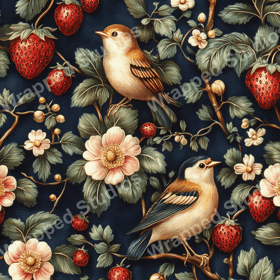 Elegant botanical pattern with vintage bird, strawberry, and floral motifs on a dark blue ground.