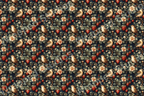 Elegant botanical pattern with strawberries, blush flowers, leaves and birds on a dark blue background.