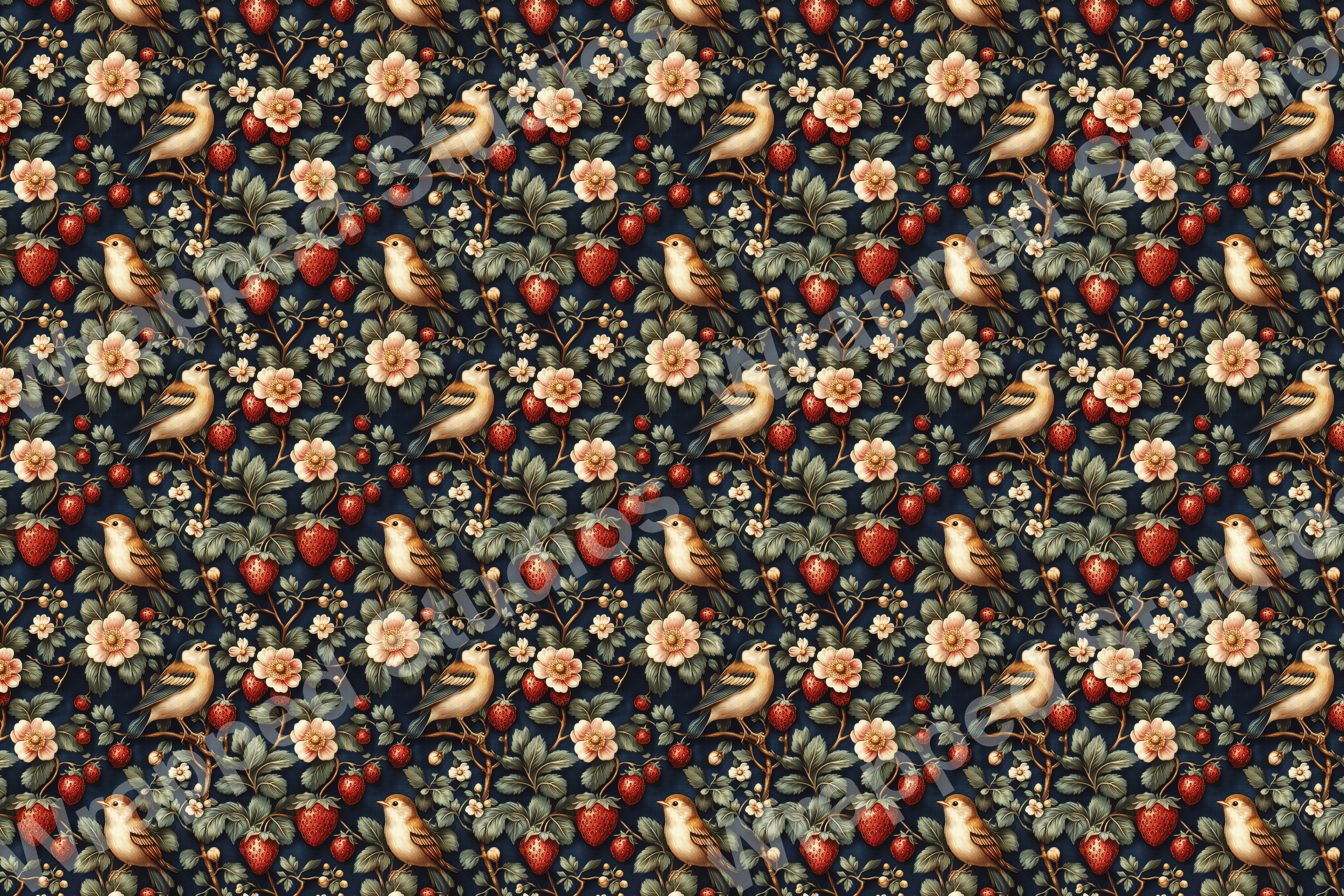 Elegant botanical pattern with strawberries, blush flowers, leaves and birds on a dark blue background.