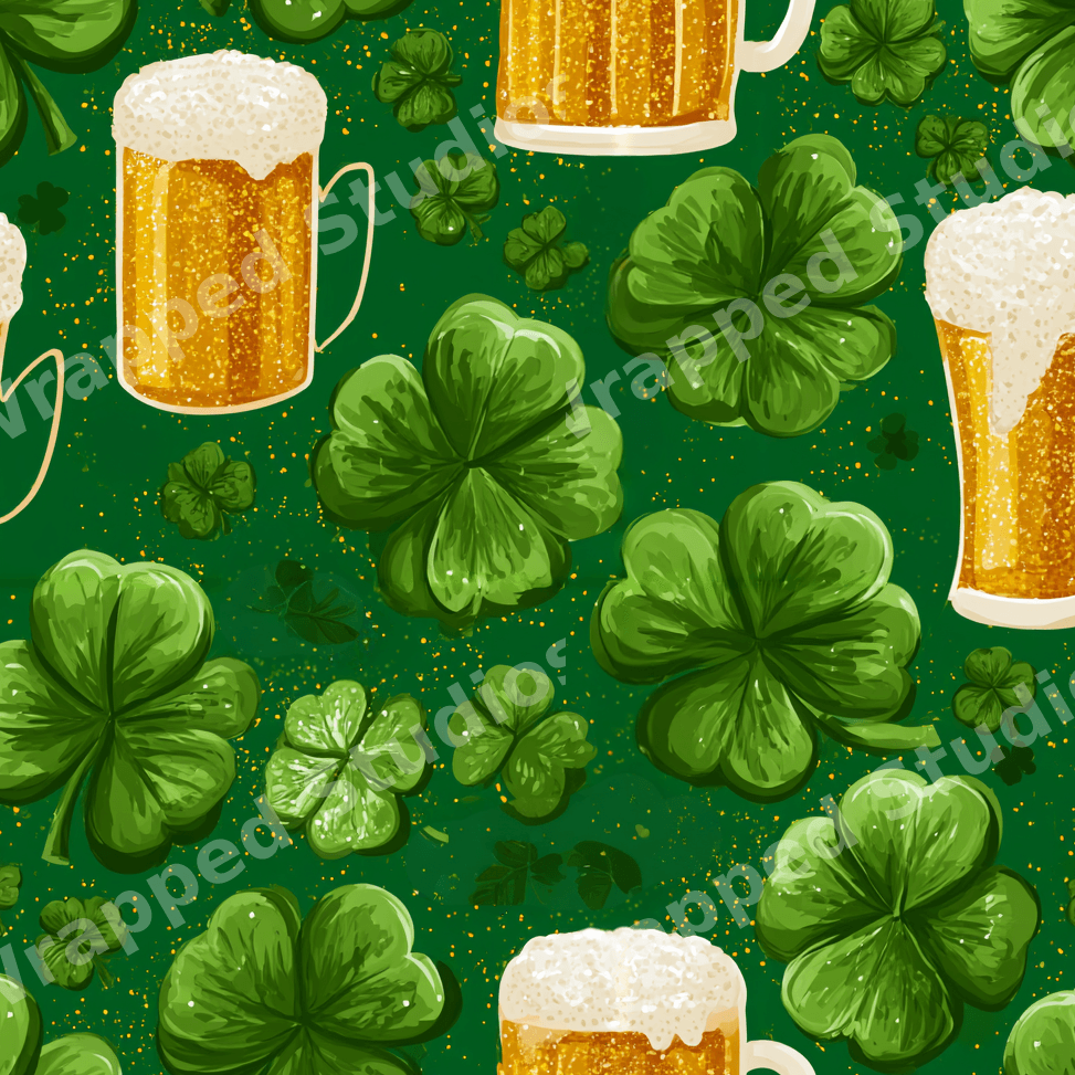 St. Patrick's Day seamless pattern with green shamrocks and golden beer mugs on a dark green background.