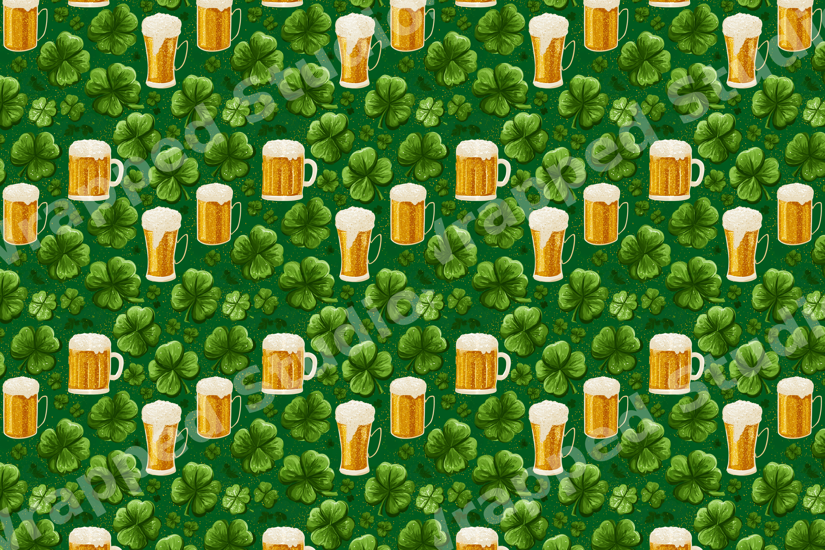 St. Patrick's Day seamless pattern with green shamrocks and frothy beer mugs on a dark green background.