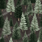 Watercolor forest pattern with green pine and fir trees on a dark brown background.