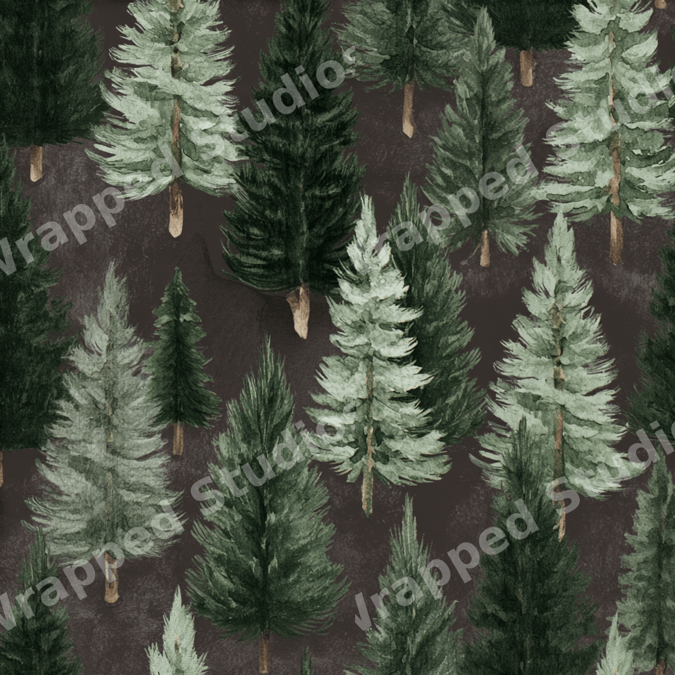 Watercolor forest pattern with green pine and fir trees on a dark brown background.