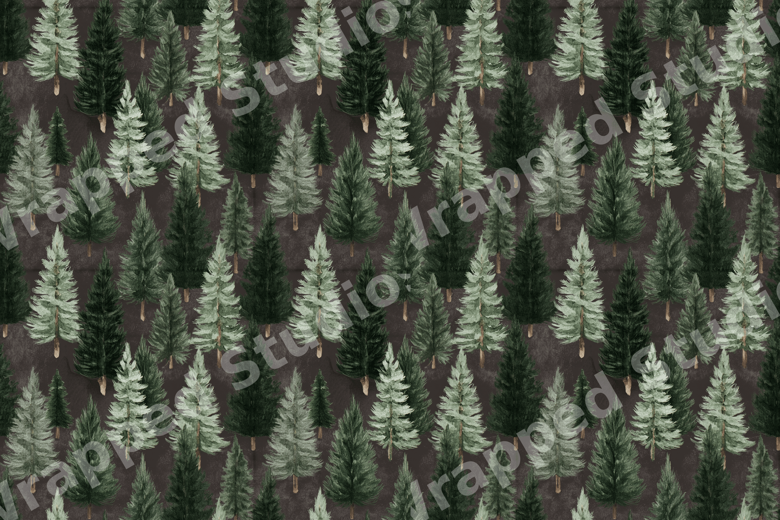 Watercolor pine forest pattern with sage and dark green evergreens on a moody dark background.