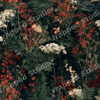 Moody vintage botanical floral pattern with red and white wildflowers on a dark green background.