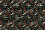 Moody vintage botanical design with red and white wildflowers on a dark green floral pattern.