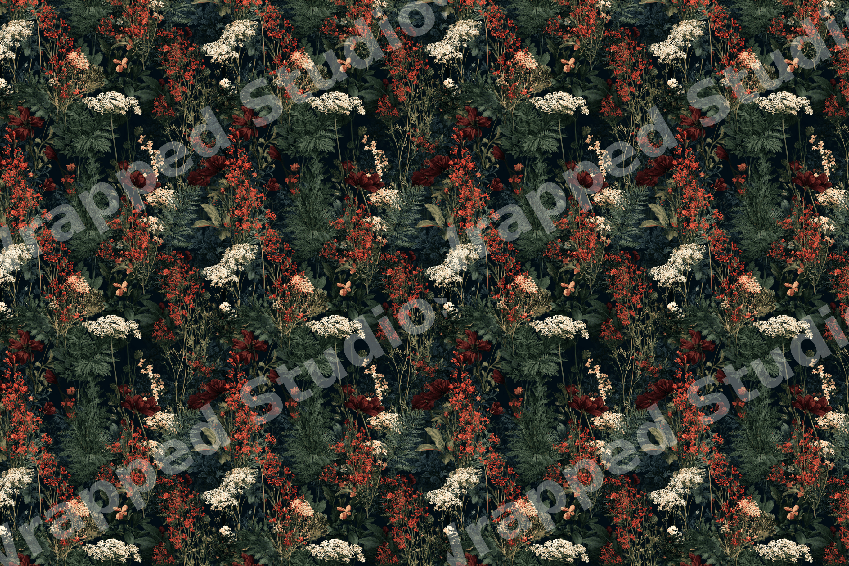Moody vintage botanical design with red and white wildflowers on a dark green floral pattern.