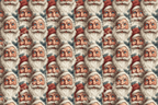 Detailed Santa face pattern with red hats and pine sprigs on cream.