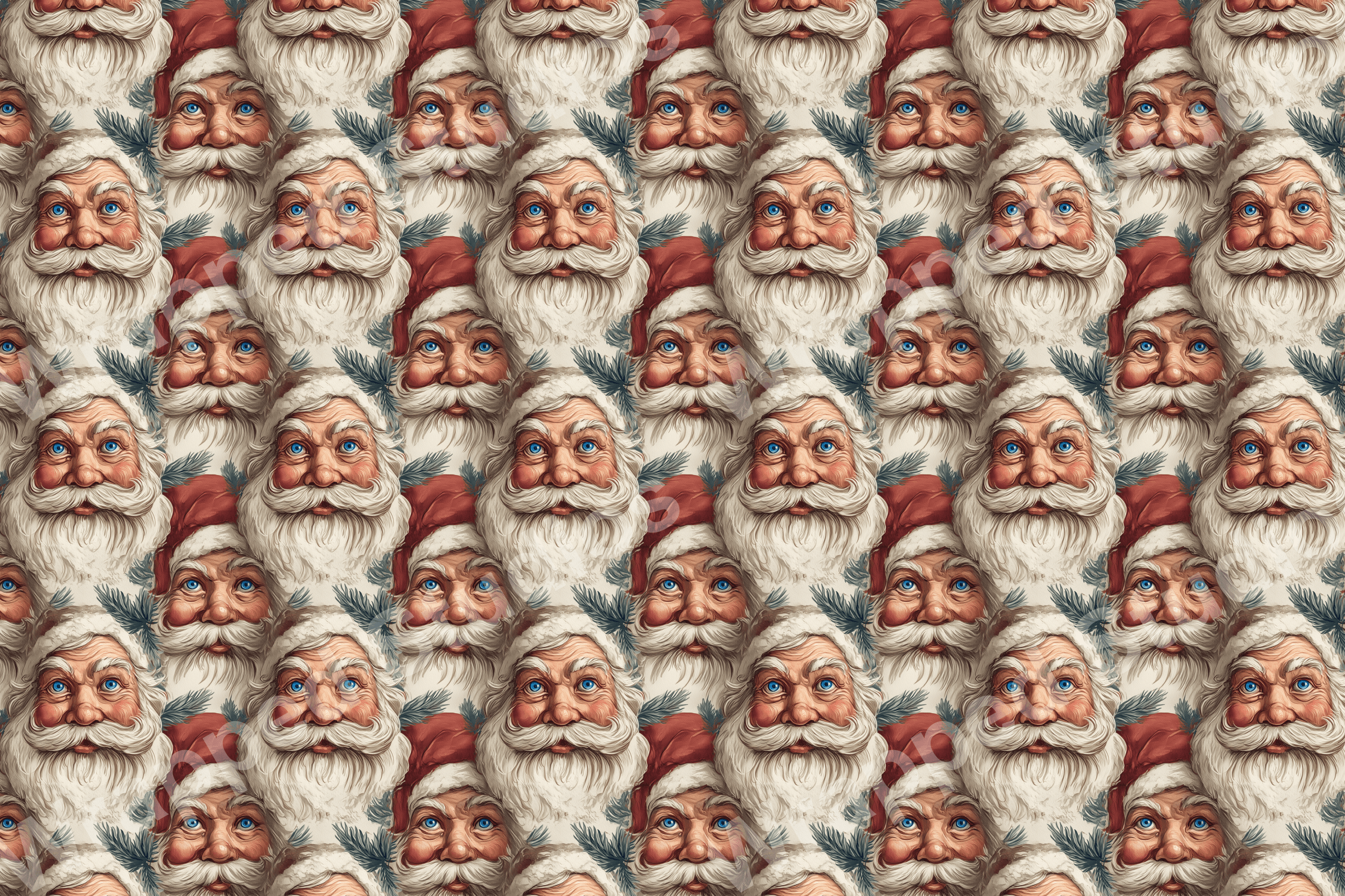 Detailed Santa face pattern with red hats and pine sprigs on cream.