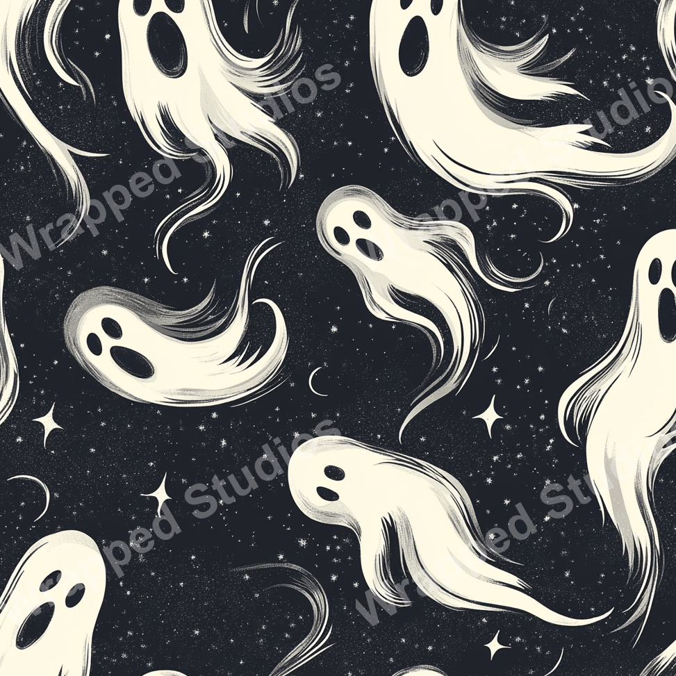 Spooky Halloween pattern of floating ghosts and stars on a dark, celestial backdrop.