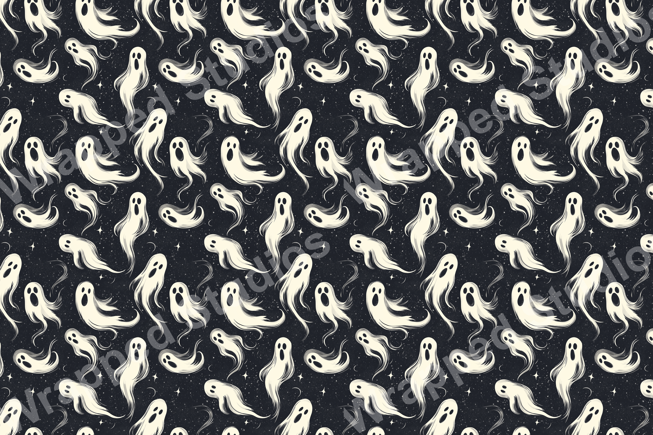 Spooky pattern with cute cartoon ghosts and stars on a dark background.