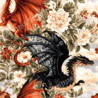 Elegant vintage botanical pattern featuring black and red fantasy dragons among white peonies.