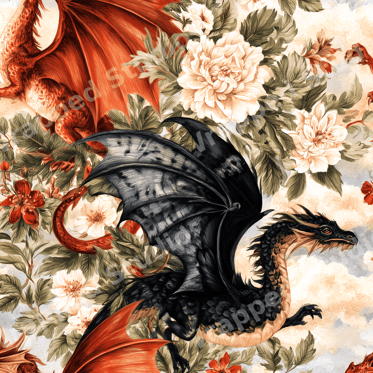 Elegant vintage botanical pattern featuring black and red fantasy dragons among white peonies.