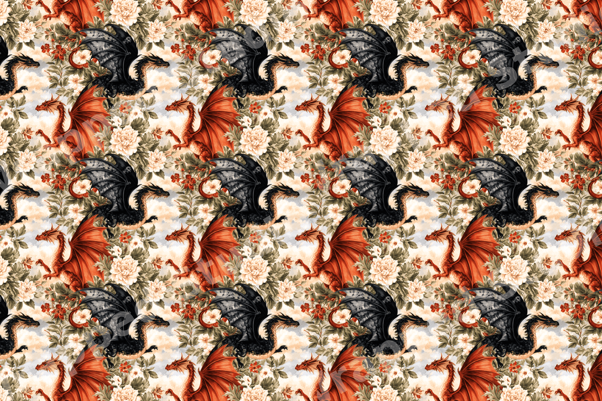 Vintage fantasy dragon floral pattern with red and black dragons among cream botanical peonies.
