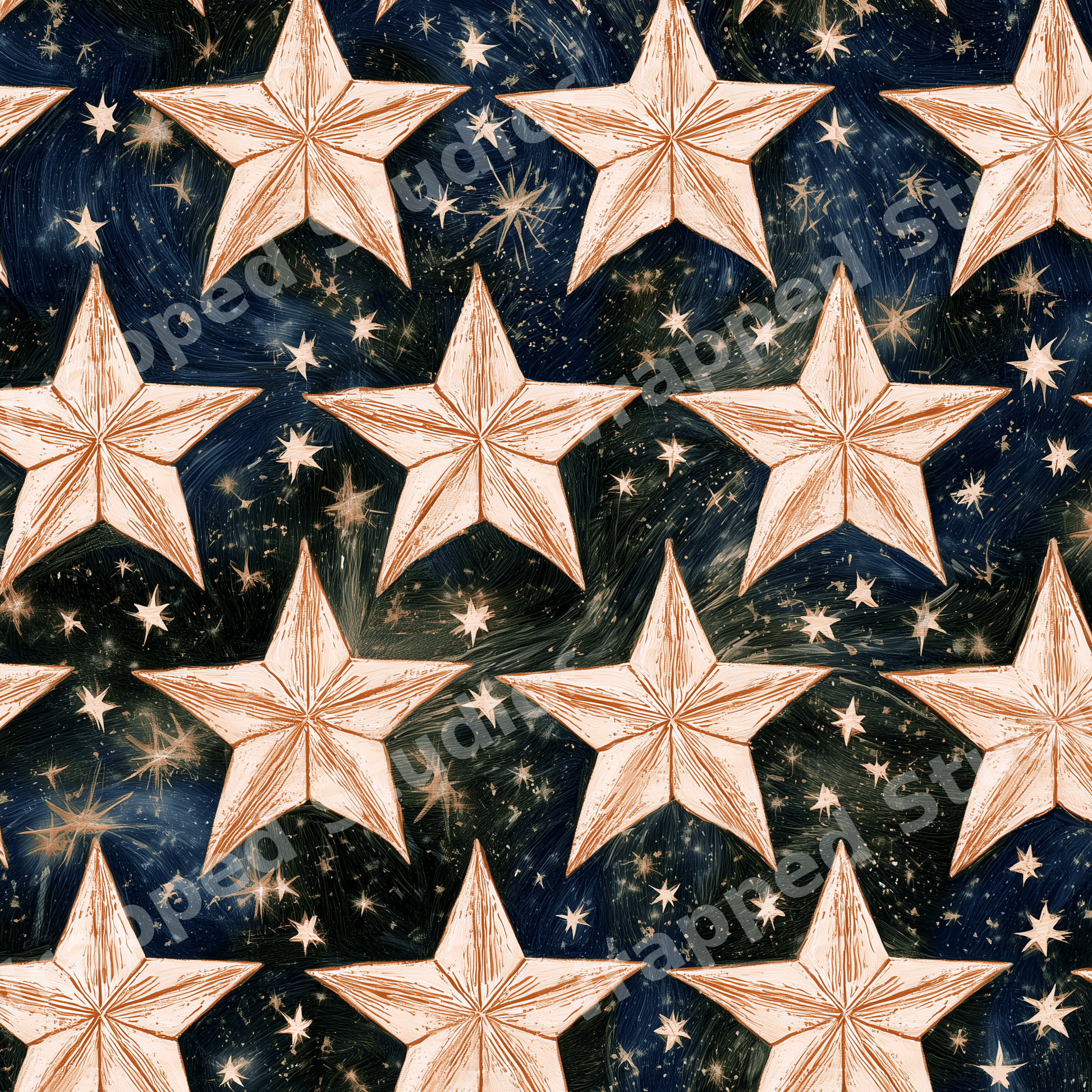 Vintage celestial pattern featuring sketched gold stars on a dark navy blue galaxy background.